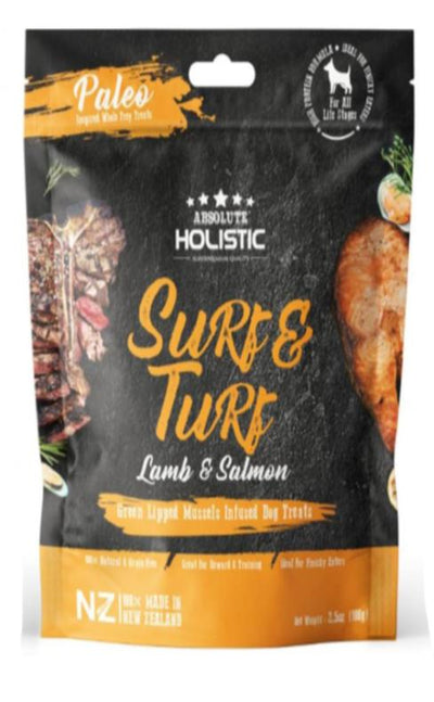 Absolute Holistic Surf & Turf (100g) – Air Dried Dogs Treats - Lamb, Salmon, Green Lipped Mussels